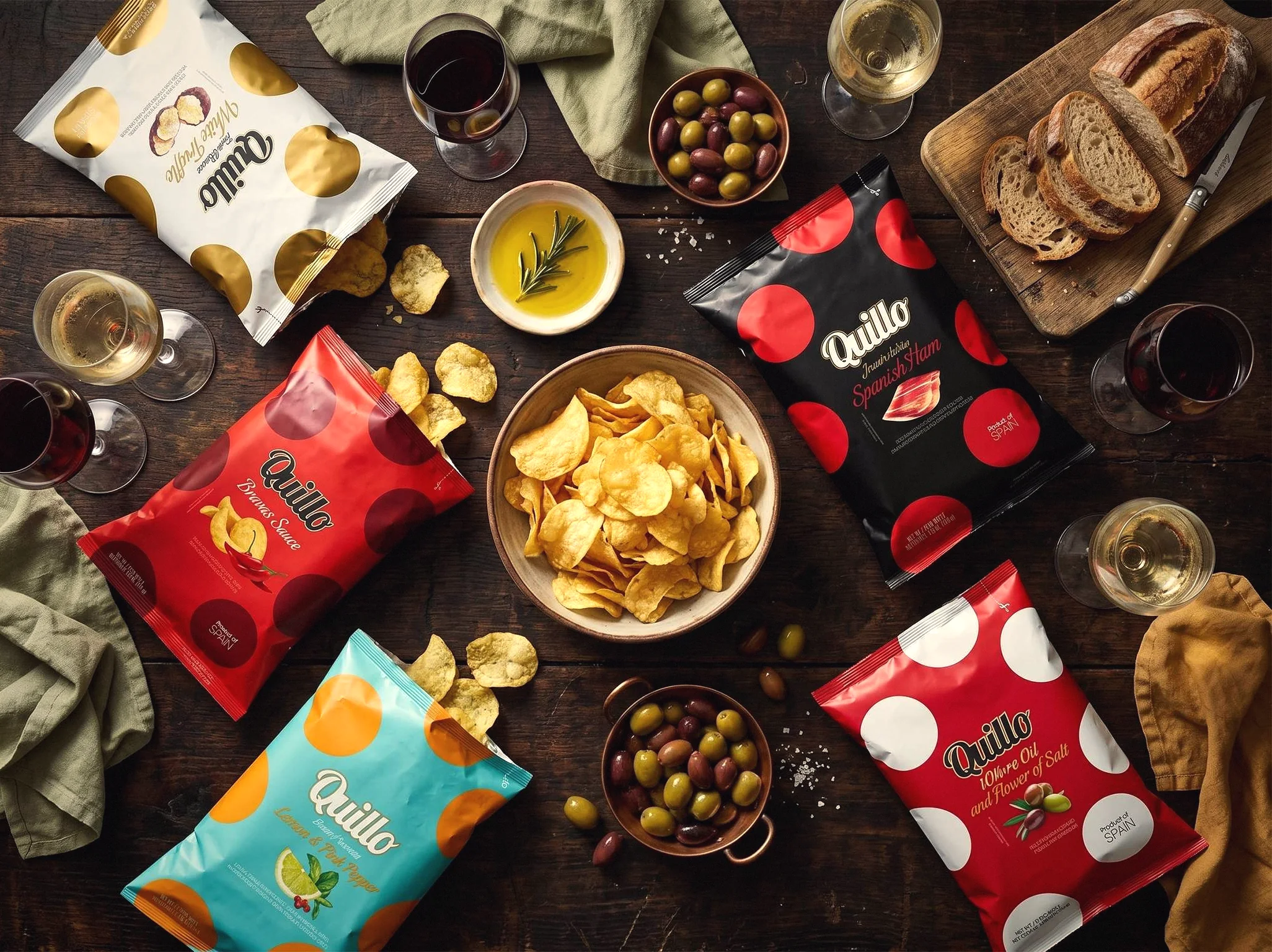 QUILLO chips colourways arranged around a bowl of crisps