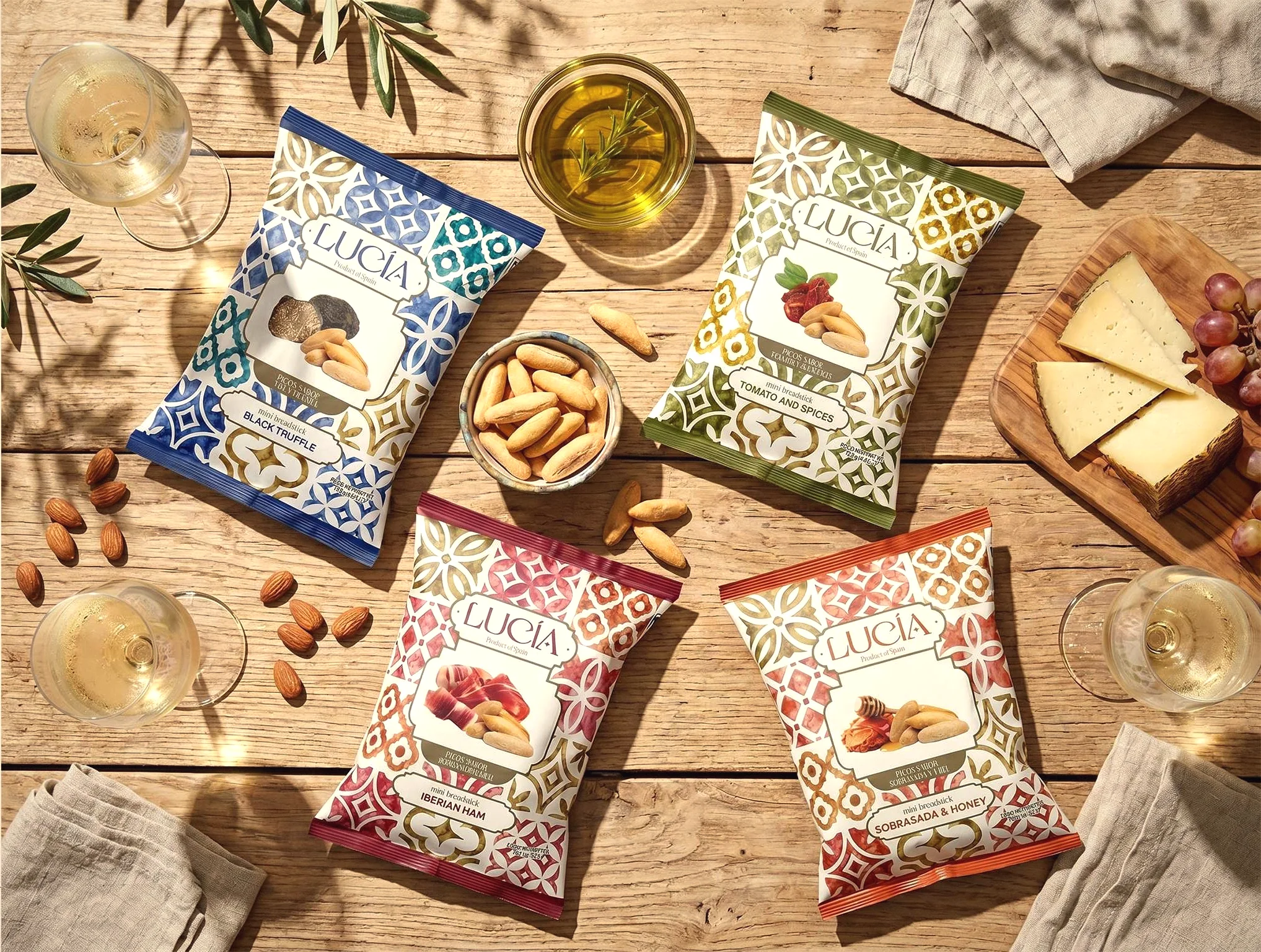 Lucía bakery breadsticks on a Mediterranean table