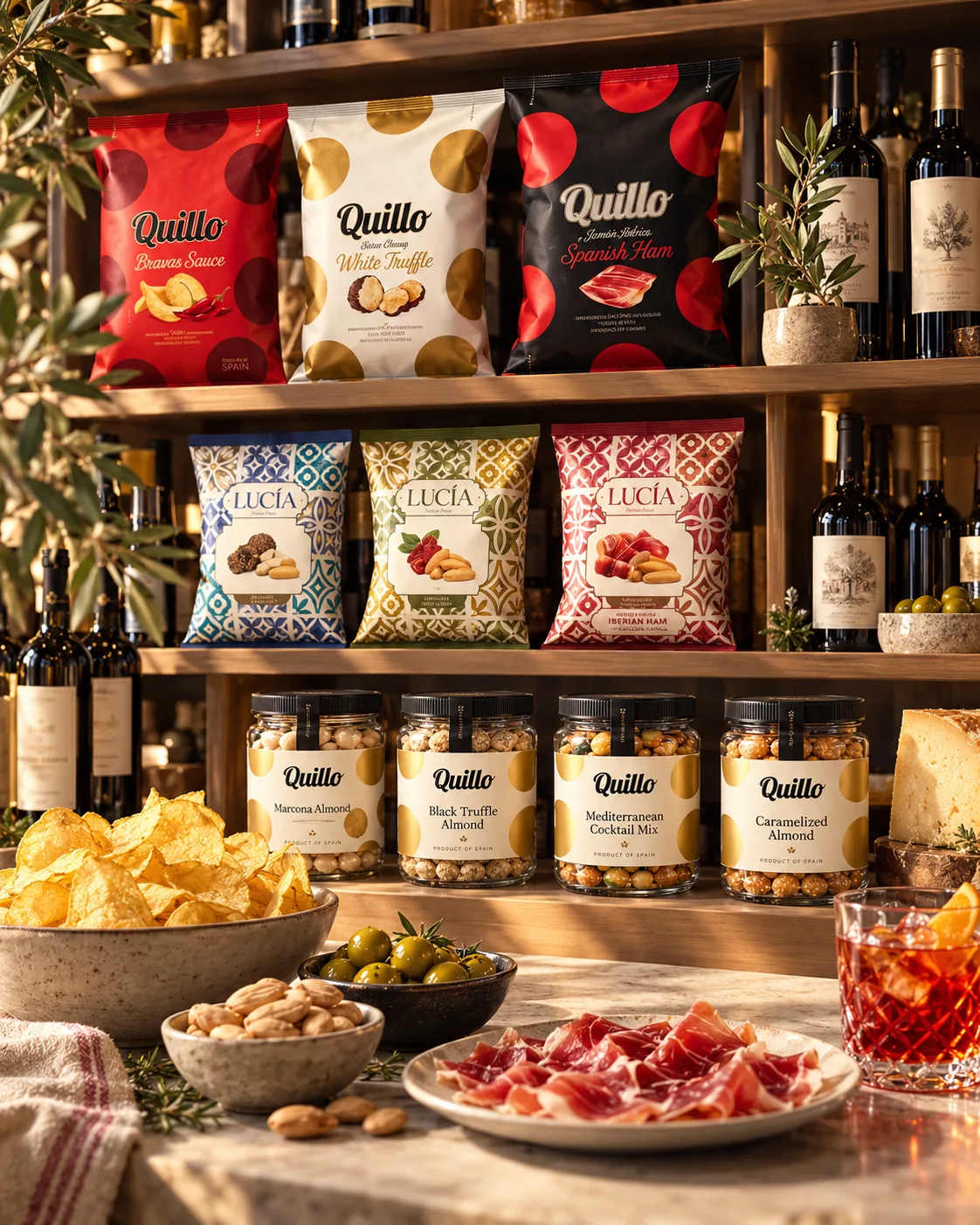 QUILLO chips, Lucía bakery and QUILLO nut jars merchandised on a gourmet shop shelf