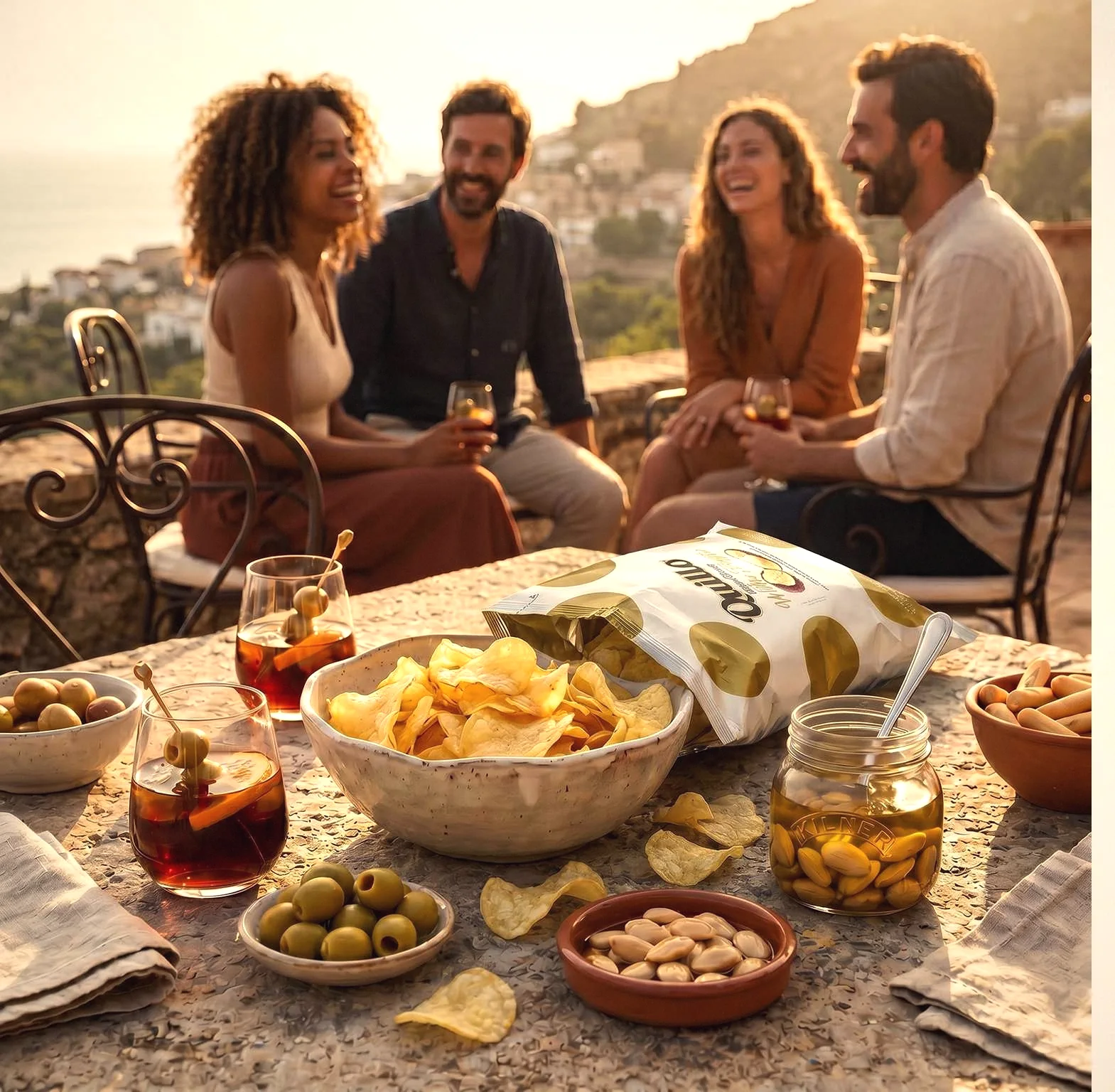 Friends sharing an aperitivo on a terrace above the Mediterranean